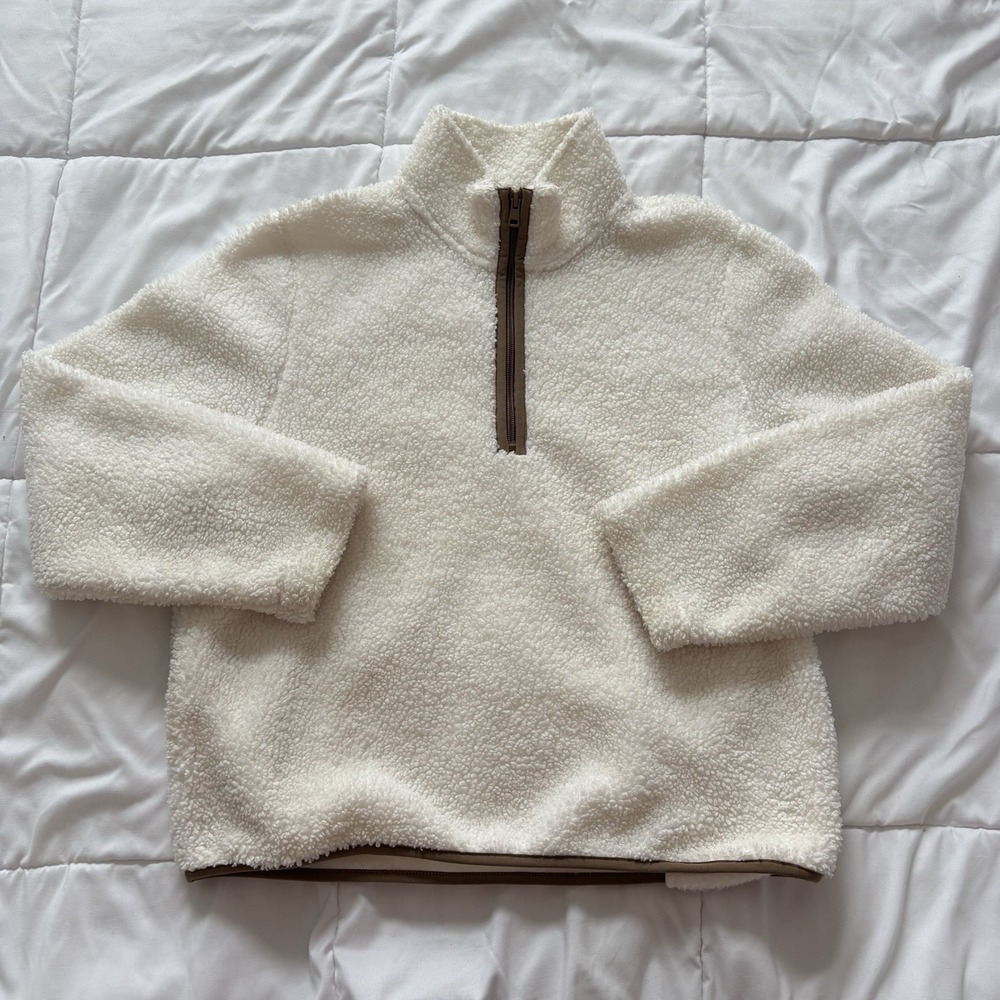 Womens Medium Sherpa‎ Jacket Sweater White Fleece 1/4 Zip Pullover Winter Fall
